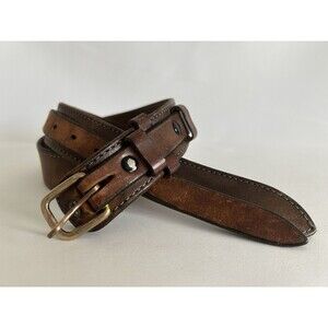 Chacon Handmade Brown Leather Belt Size 38 Brass Buckle Western Stitched Men's